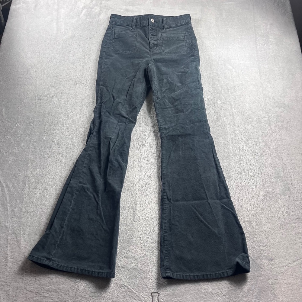 American Eagle Womens Super Hi-Rise Flare Corduroy Pants Gray Button Fly Size 2